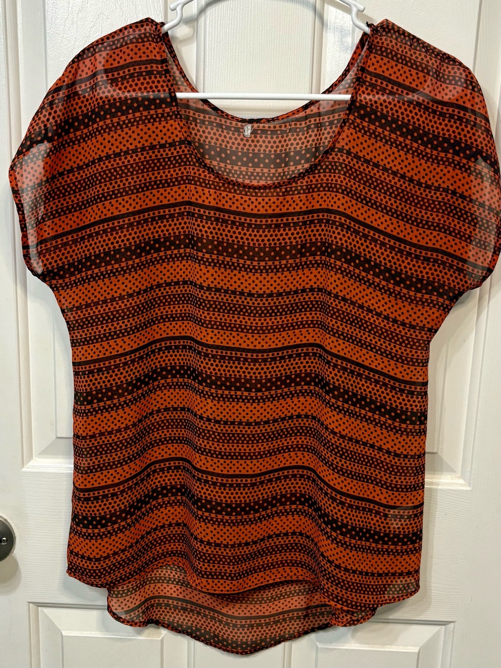 Women’s Orange and Black Patterned Short Sleeve Sheer Blouse